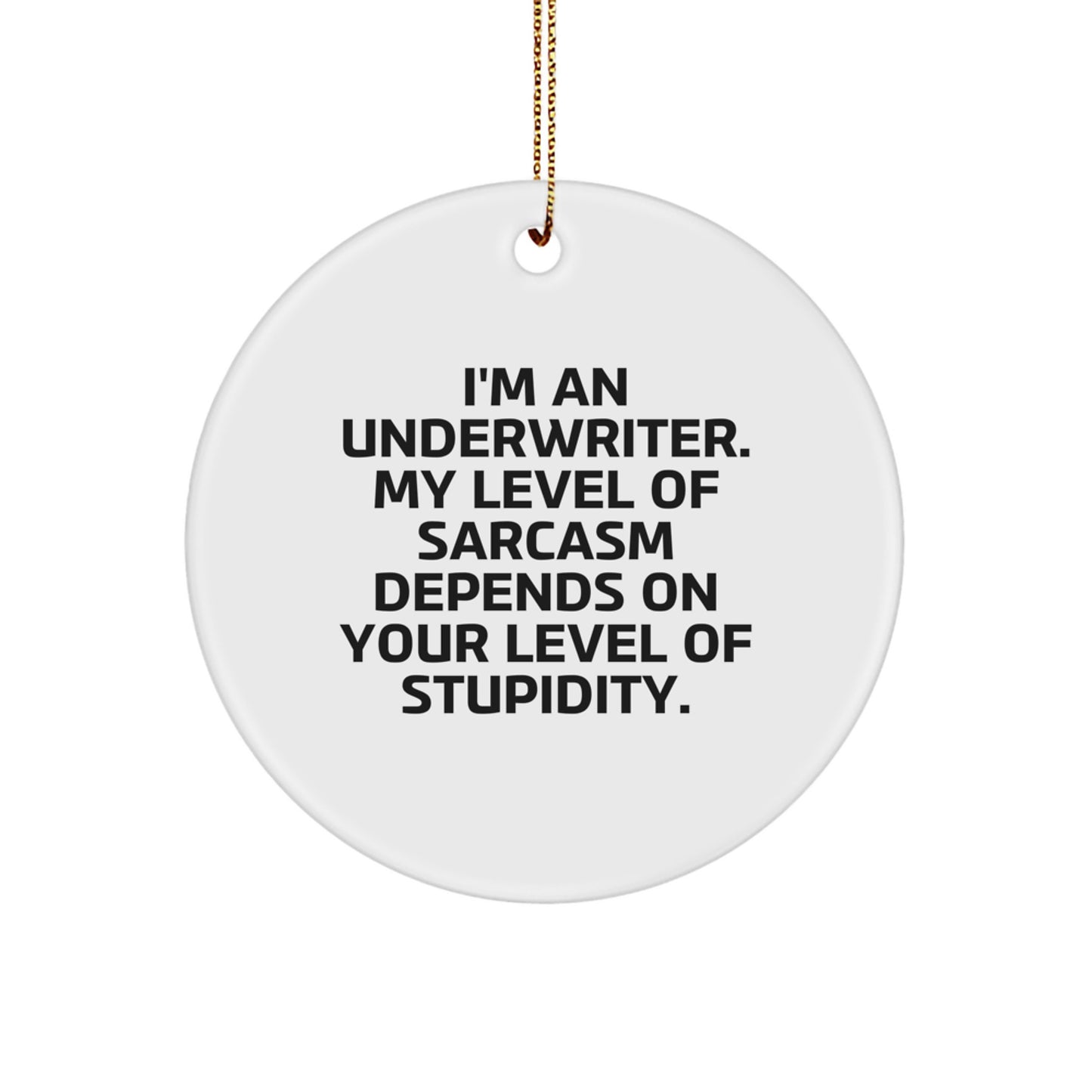 Underwriter Gift, Funny Circle Ornament, 'I'm An Underwriter. My Level Of Sarcasm Depends On Your Level Of Stupidity.' - Gifts from Men to Women, Friends, Coworkers, Family for Christmas - Image 1