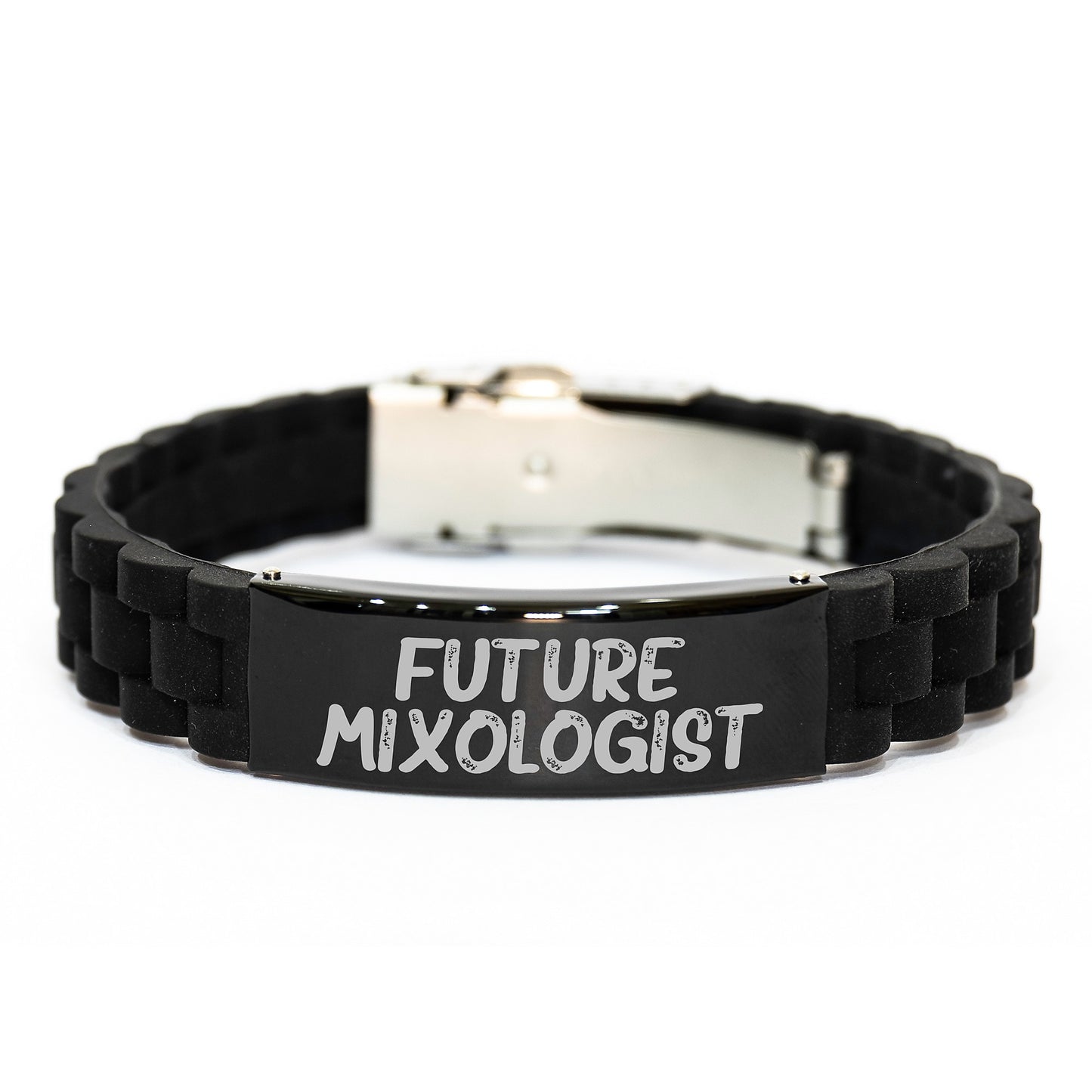 Funny Future Mixologist Gifts, Glide lock Clasp Birthday Present from Friends, 'Future Mixologist' Quote Mixologist Accessories, Adjustable Black Stainless Steel Silicone - Image 1