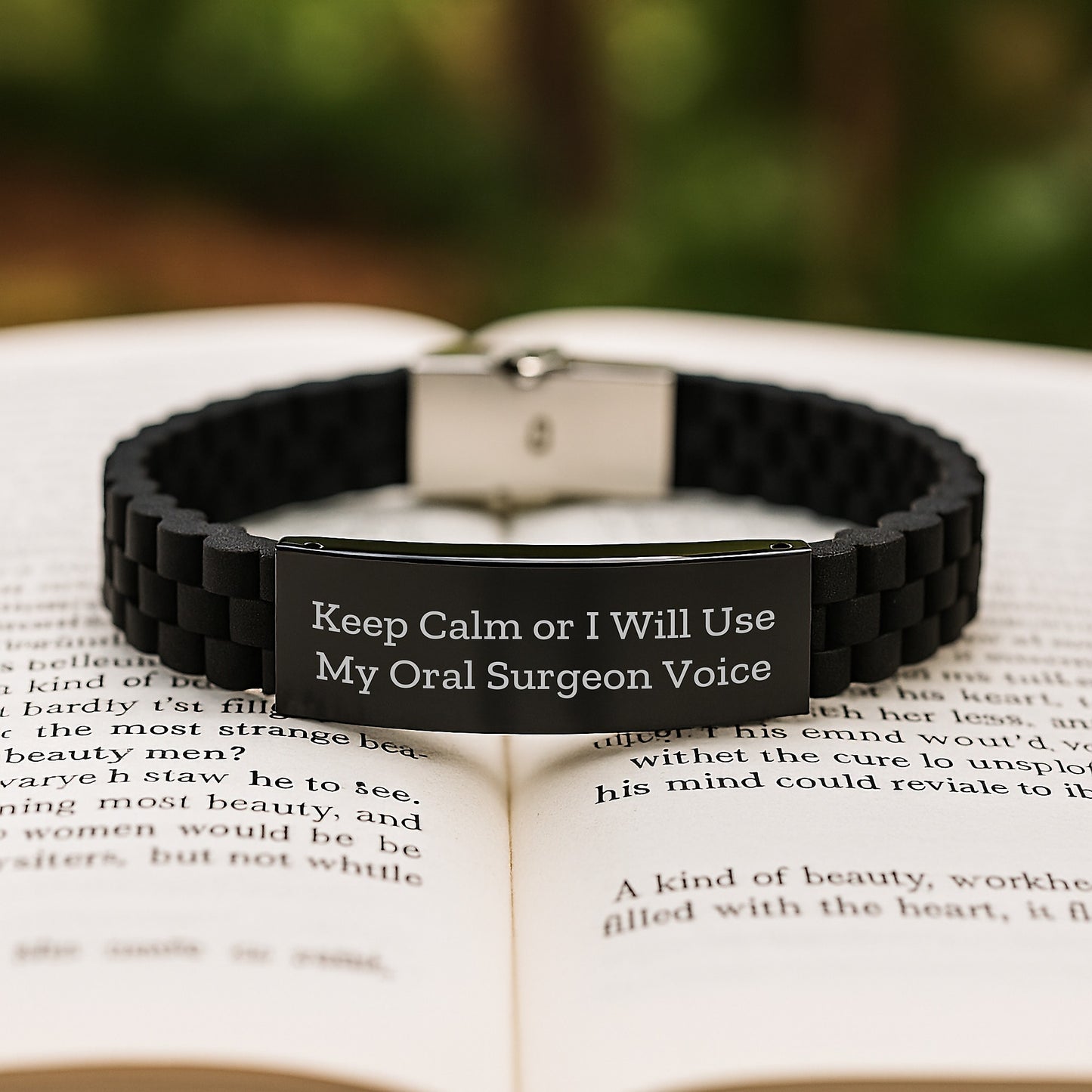 Oral Surgeon Gifts for Graduation, Funny Quote 'Keep Calm Or I Will Use My Oral Surgeon Voice', Adjustable Glide lock Clasp Black Stainless Steel Silicone Bracelet from Friends - Image 2