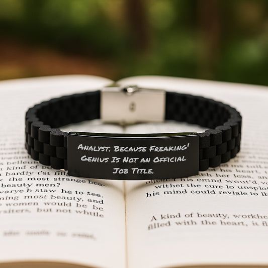 'Freaking genius' Analyst Gift, Black Glide lock Clasp Bracelet, Adjustable, Birthday Unique Gifts from Friends, Coworkers, Family to Analyst Men, Women, Birthday Wishes - Image 2