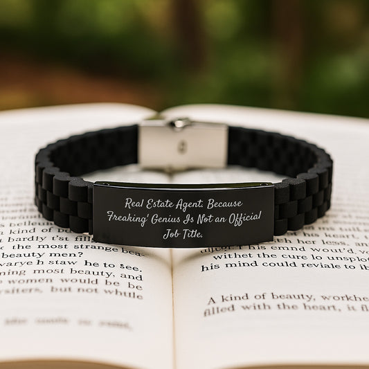 Funny Real Estate Agent Gifts for Men - Glide lock Clasp Bracelet with 'Freaking genius' Quote, Adjustable Black Stainless Steel and Silicone, Christmas Unique Gifts from Friends - Image 2