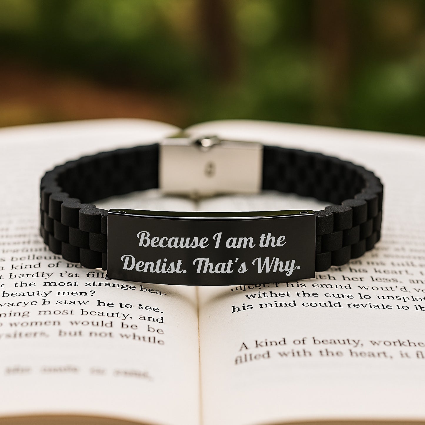 Funny Dentist Gifts - Glide lock Clasp Black Stainless Steel Silicone Adjustable Birthday Unique Gift from Men to Dentist, 'Because I Am The Dentist. That's Why.' - Image 2