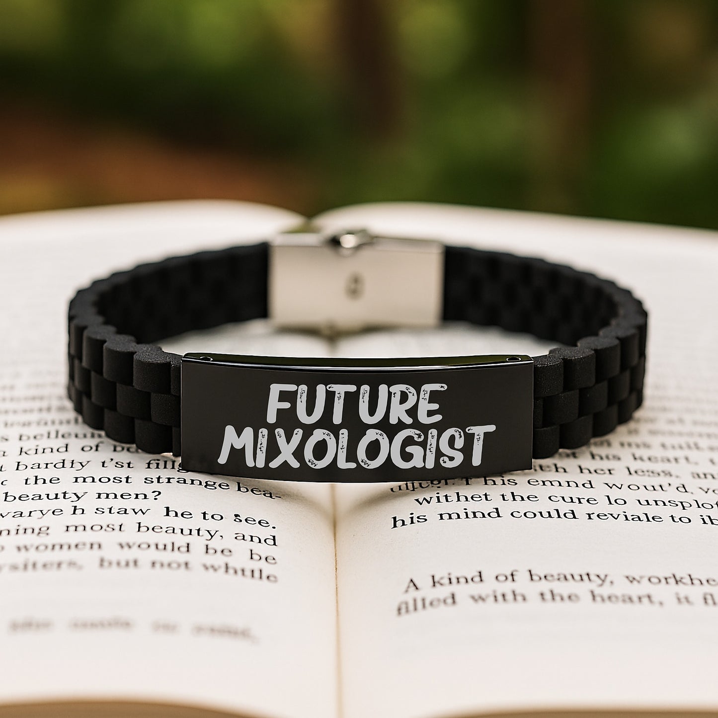 Funny Future Mixologist Gifts, Glide lock Clasp Birthday Present from Friends, 'Future Mixologist' Quote Mixologist Accessories, Adjustable Black Stainless Steel Silicone - Image 2