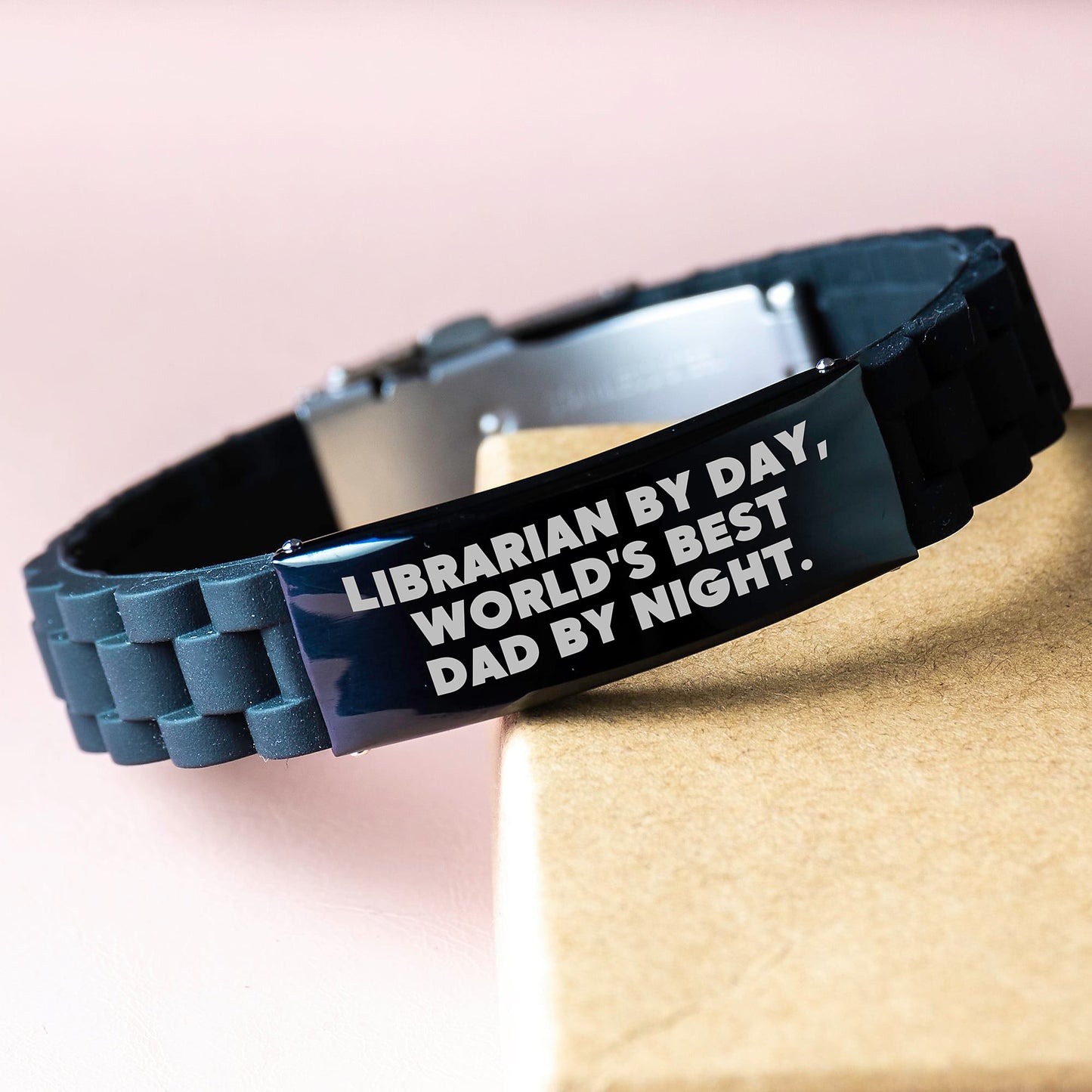 Librarian Gifts by Day, World's Best Dad by Night: Glide lock Clasp Birthday Jewelry for Librarians, Funny Quote, Adjustable Black Stainless Steel Silicone, Premium Bag - Image 3