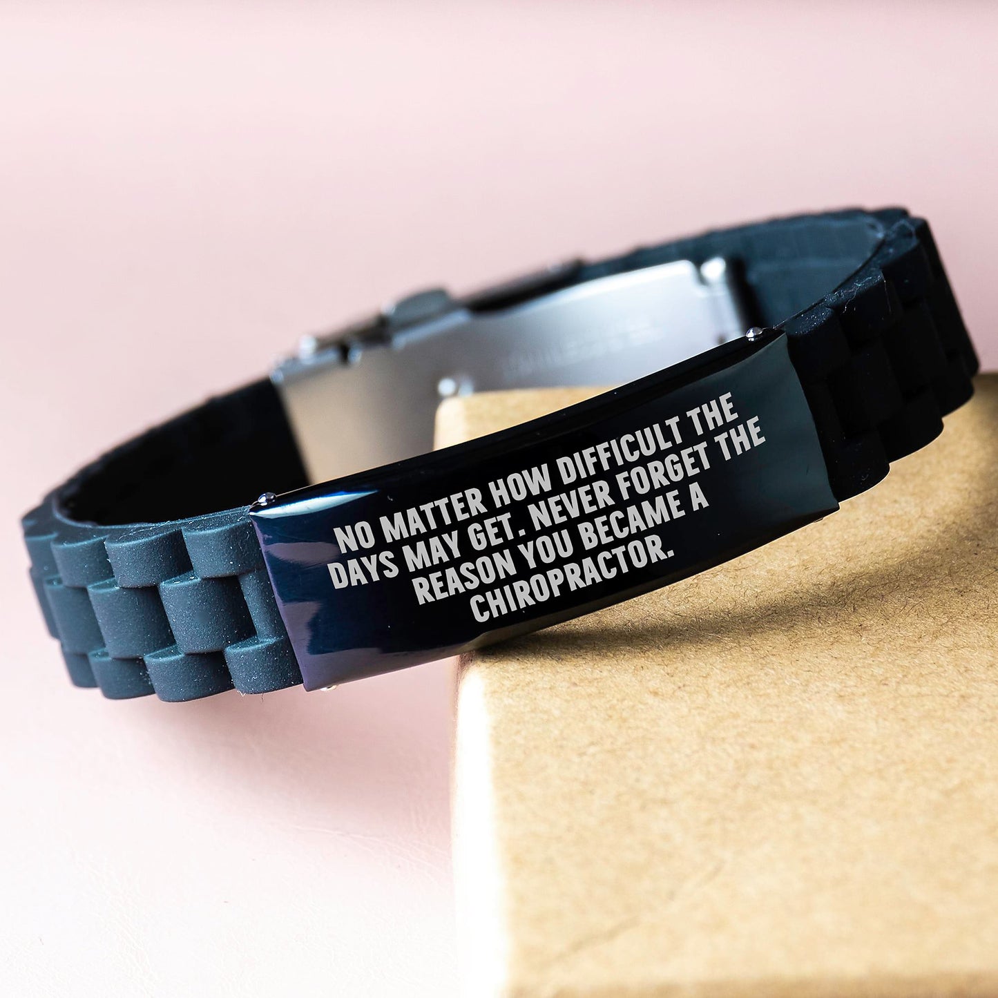 Inspirational Chiropractor Gifts from Men, Women, or Friends for Chiropractor Graduation, Glide lock Clasp Black Stainless Steel Silicone Adjustable Bracel, Never Forget the Reason - Image 3