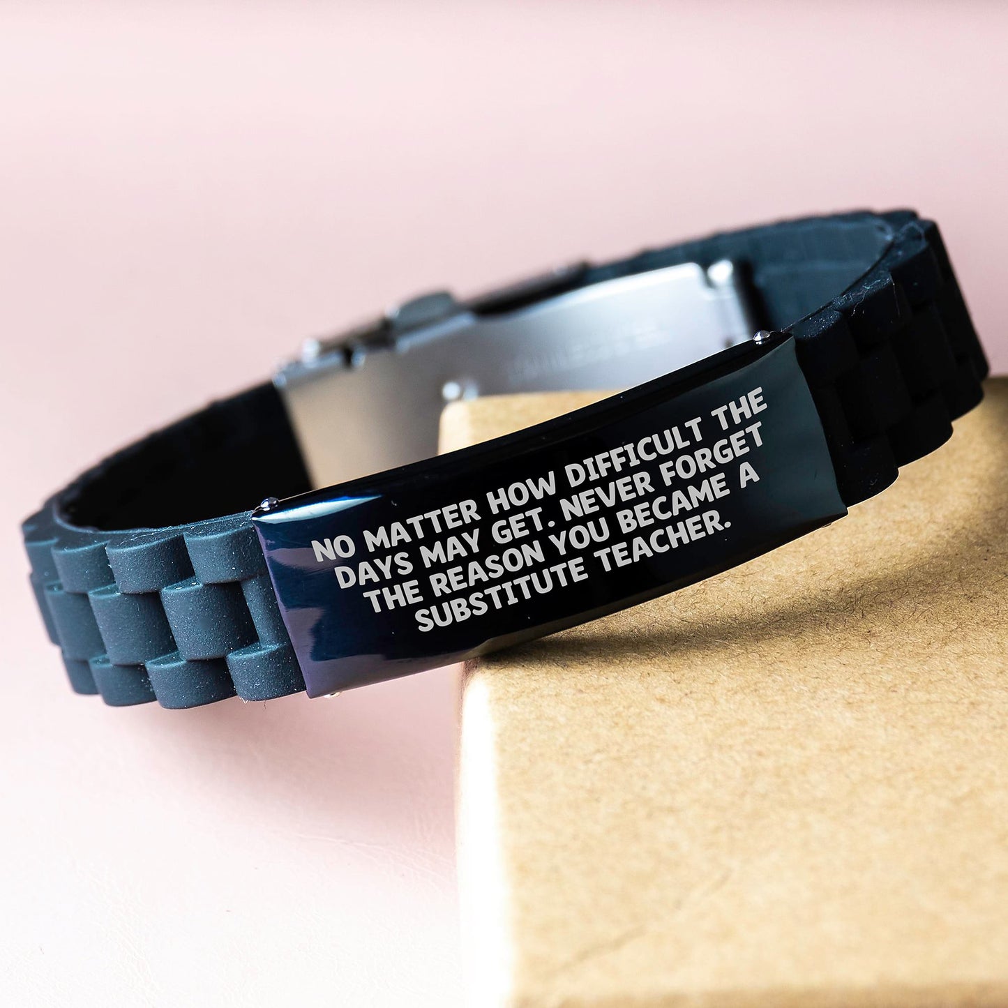 Thoughtful Gift for Substitute Teachers - 'No Matter How Difficult The Days May Get...' Glide lock Clasp Black Stainless Steel & Silicone Adjustable Bracelet, Gifts from Family for Graduation - Image 3