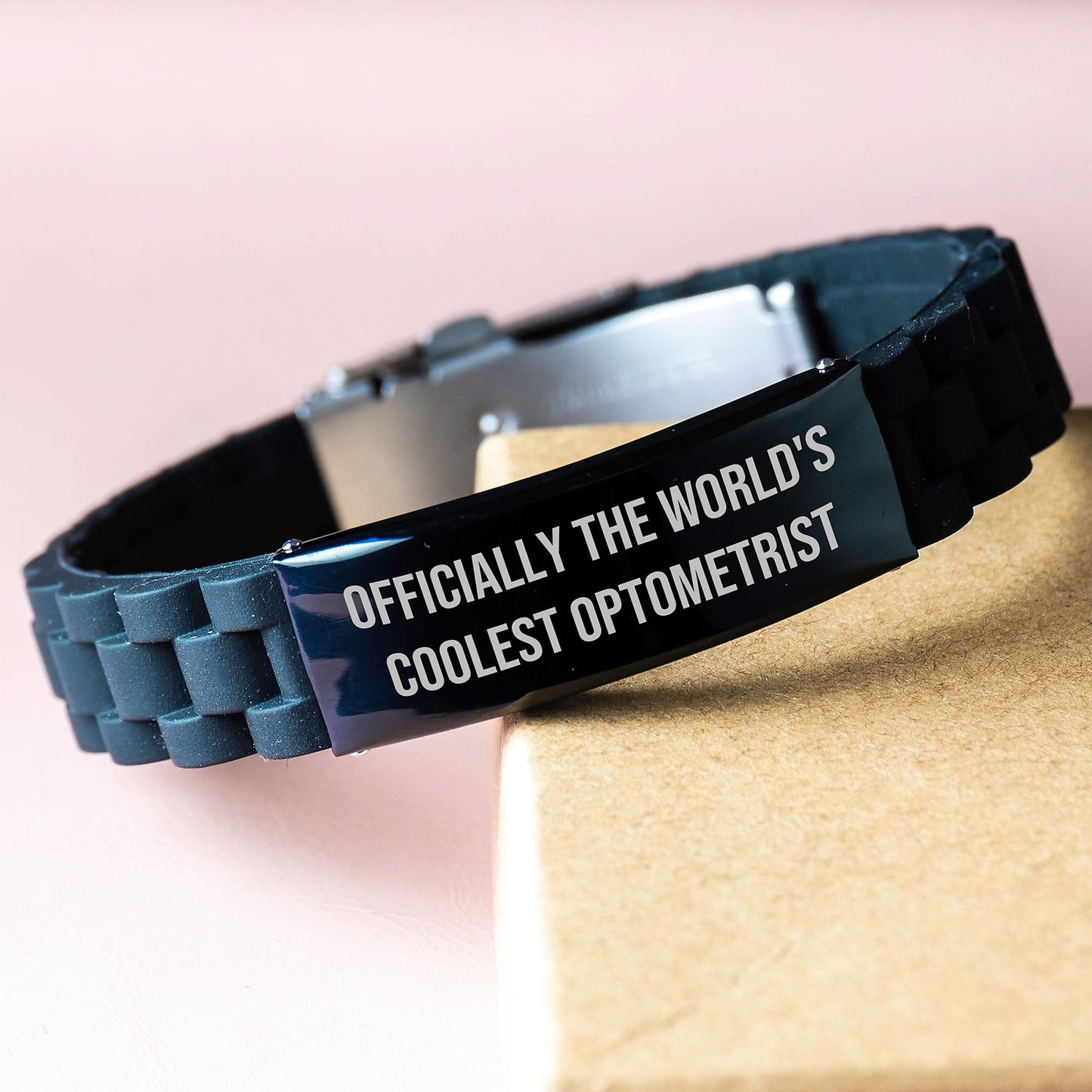Funny Optometrist Gifts, 'Officially The World's Coolest Optometrist' Glide lock Clasp Black Stainless Steel Silicone Adjustable Bracelet, Gifts from Friends to Optometrist for Graduation - Image 3