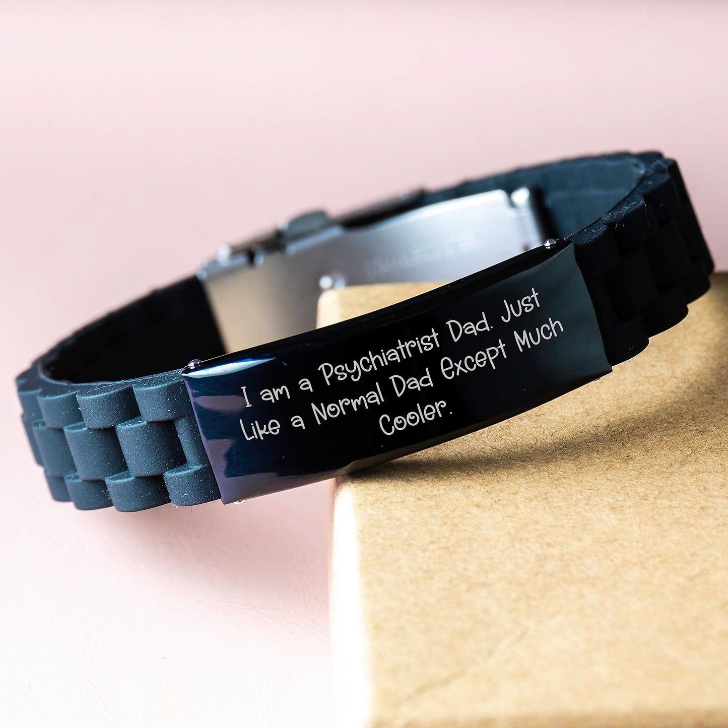 Psychiatrist Dad Gifts, Funny Quote Glide lock Clasp Birthday Presents from Men, for Psychiatrist Dads, Unique Adjustable Silicone Black Stainless Steel Silver 9.05-inch Bracelet - Image 3