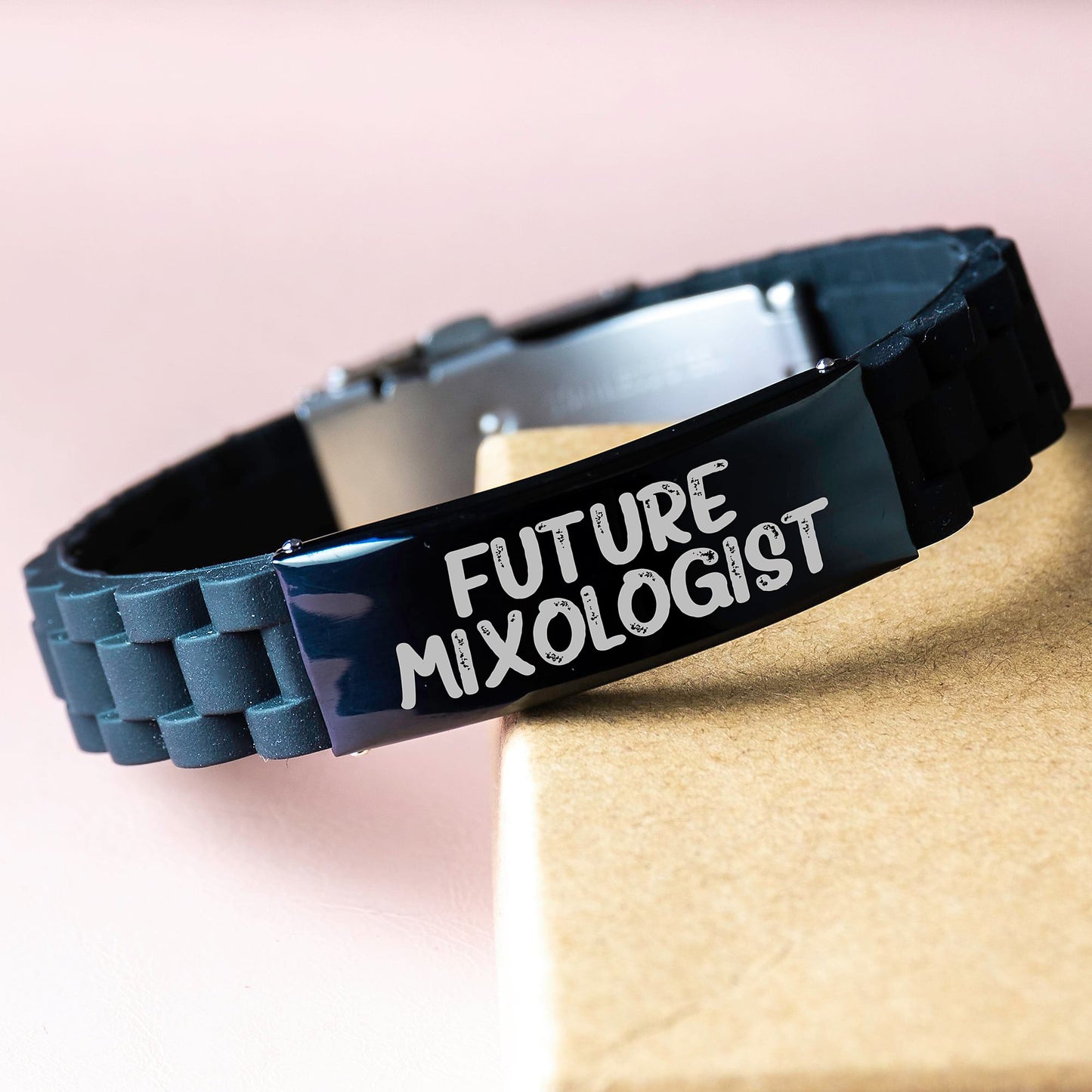 Funny Future Mixologist Gifts, Glide lock Clasp Birthday Present from Friends, 'Future Mixologist' Quote Mixologist Accessories, Adjustable Black Stainless Steel Silicone - Image 3