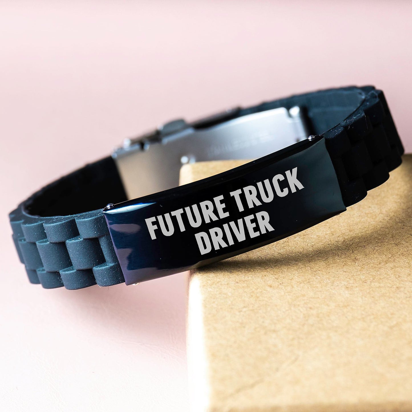 Funny Quote for Future Truck Driver, Birthday Unique Gifts for Truck Driver, Glide lock Clasp Bracelet from Friends, Black Stainless Steel and Silicone - Image 3