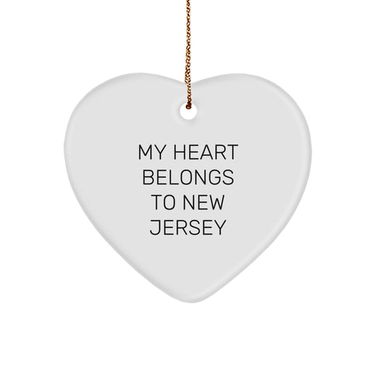 Funny New Jersey Quotes Gifts for New Jersey Lovers - Heart Ornament with 'My Heart Belongs To New Jersey' - Christmas Unique Gift Ideas for Friends, Family, and Coworkers - Image 1