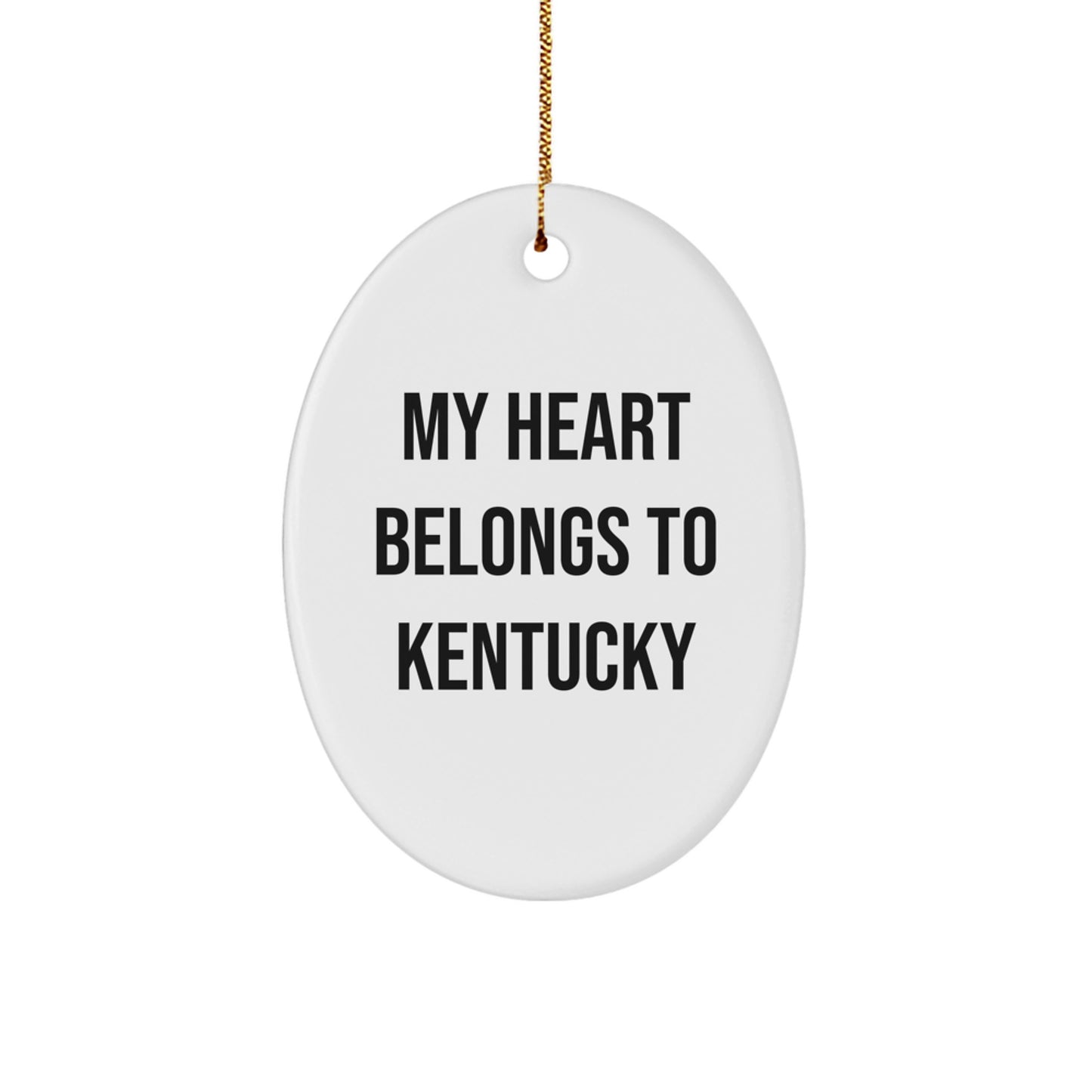 Kentucky Oval Ornament, 'My Heart Belongs To Kentucky' Christmas Unique Gift for Friends, Family, and Coworkers, Durable MDF White Oval Shaped with High-Gloss Finish - Image 1