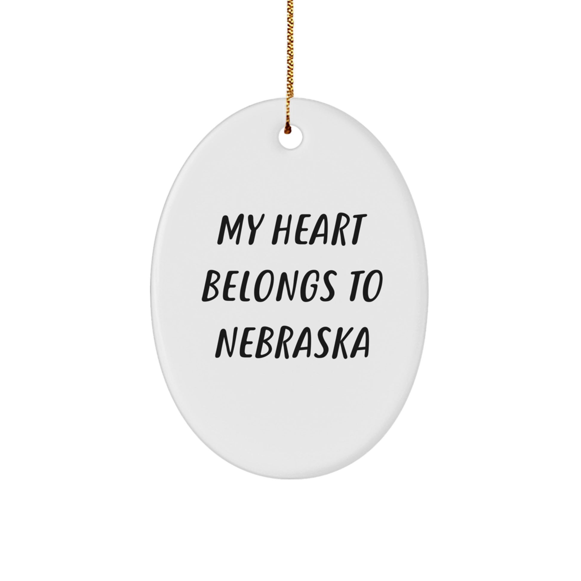 Nebraska Oval Ornament, 'My Heart Belongs To Nebraska', White, Durable, and Lightweight, Ideal Gifts for Friends, Family, and Coworkers from Nebraska, Christmas Unique Gift Ideas - Image 1
