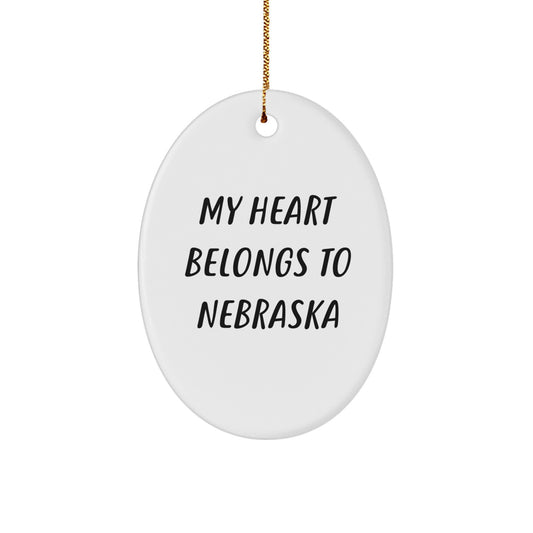 Nebraska Oval Ornament, 'My Heart Belongs To Nebraska', White, Durable, and Lightweight, Ideal Gifts for Friends, Family, and Coworkers from Nebraska, Christmas Unique Gift Ideas - Image 1