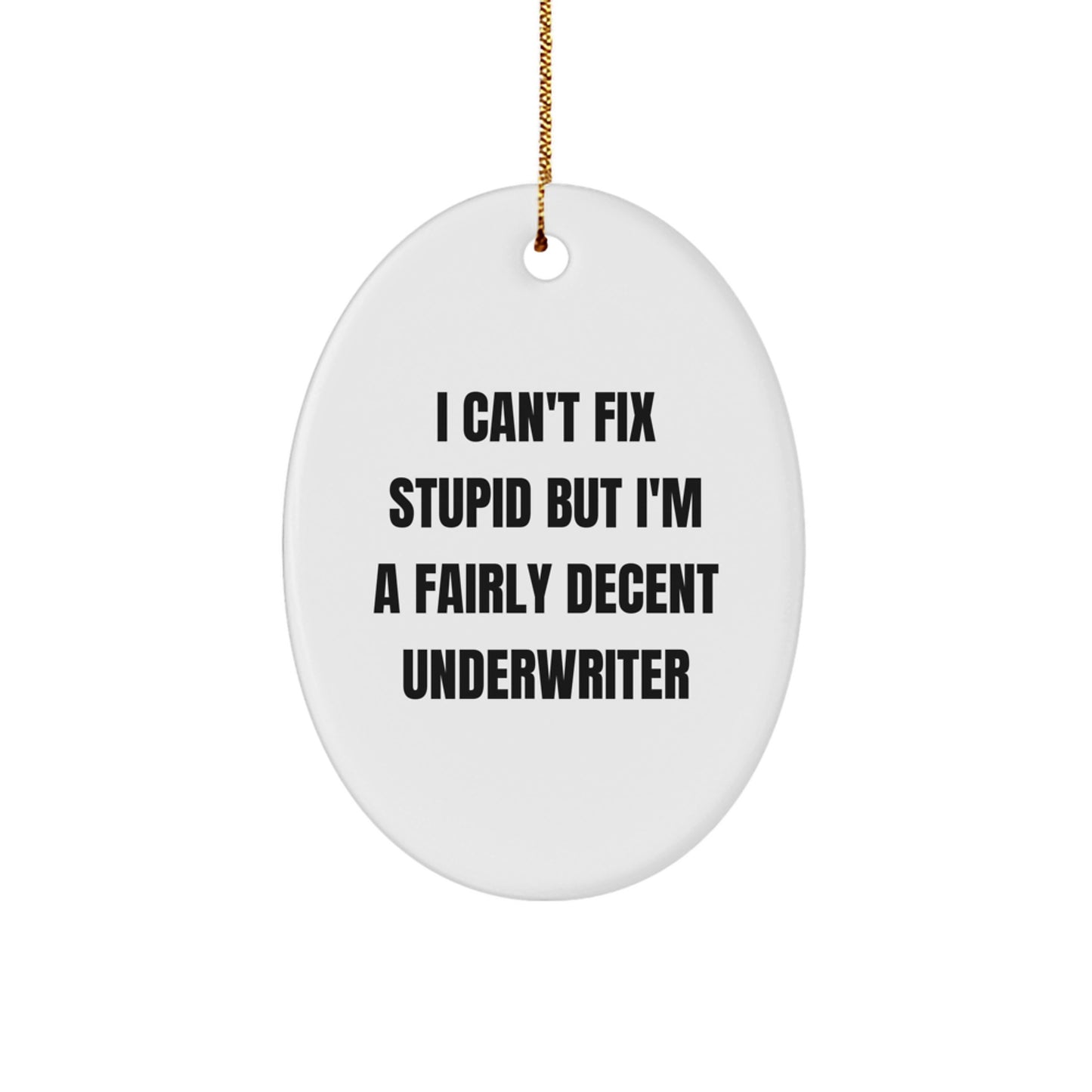 Underwriter Gifts from Friends, 'I Can't Fix Stupid But I'm A Fairly Decent Underwriter' Oval Ornament for Men, Women, Family, Christmas Unique Gifts - Image 1