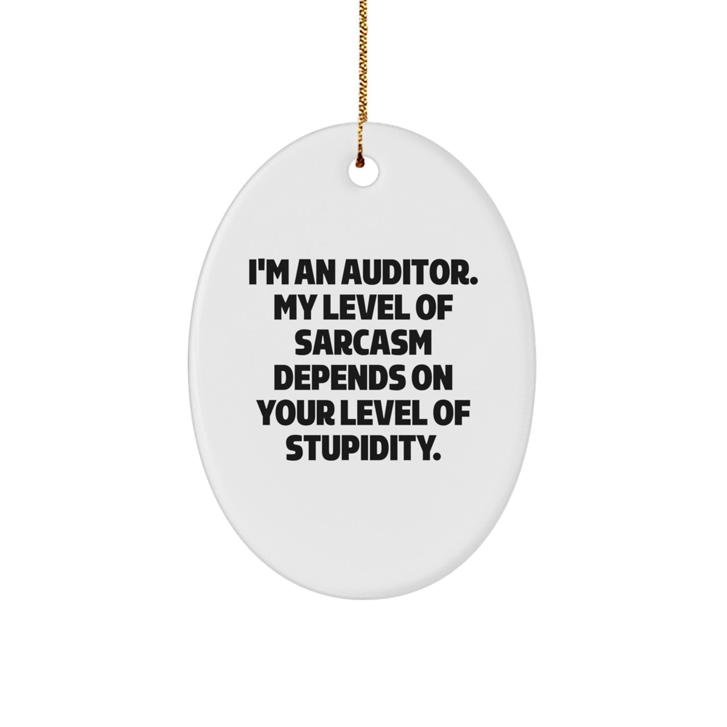 Auditor Humor Oval Ornament, Funny Gifts from Friends and Family for Christmas, 'I'm An Auditor. My Level Of Sarcasm Depends On Your Level Of Stupidity.' - Image 1