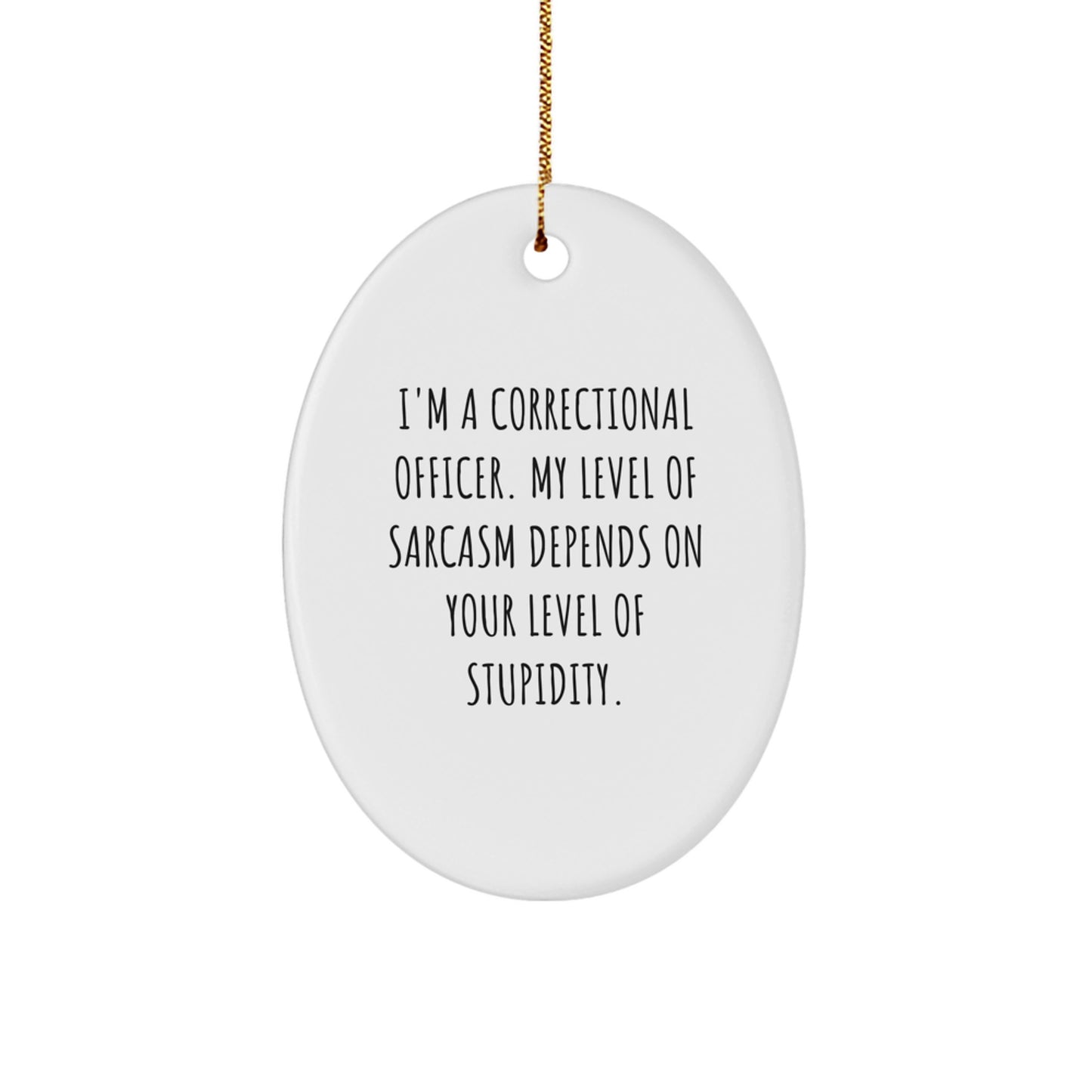 Funny Correctional Officer Gifts - I'm A Correctional Officer. My Level Of Sarcasm Depends On Your Level Of Stupidity. Oval Ornament, White, Christmas Unique Gifts from Friends and Family - Image 1
