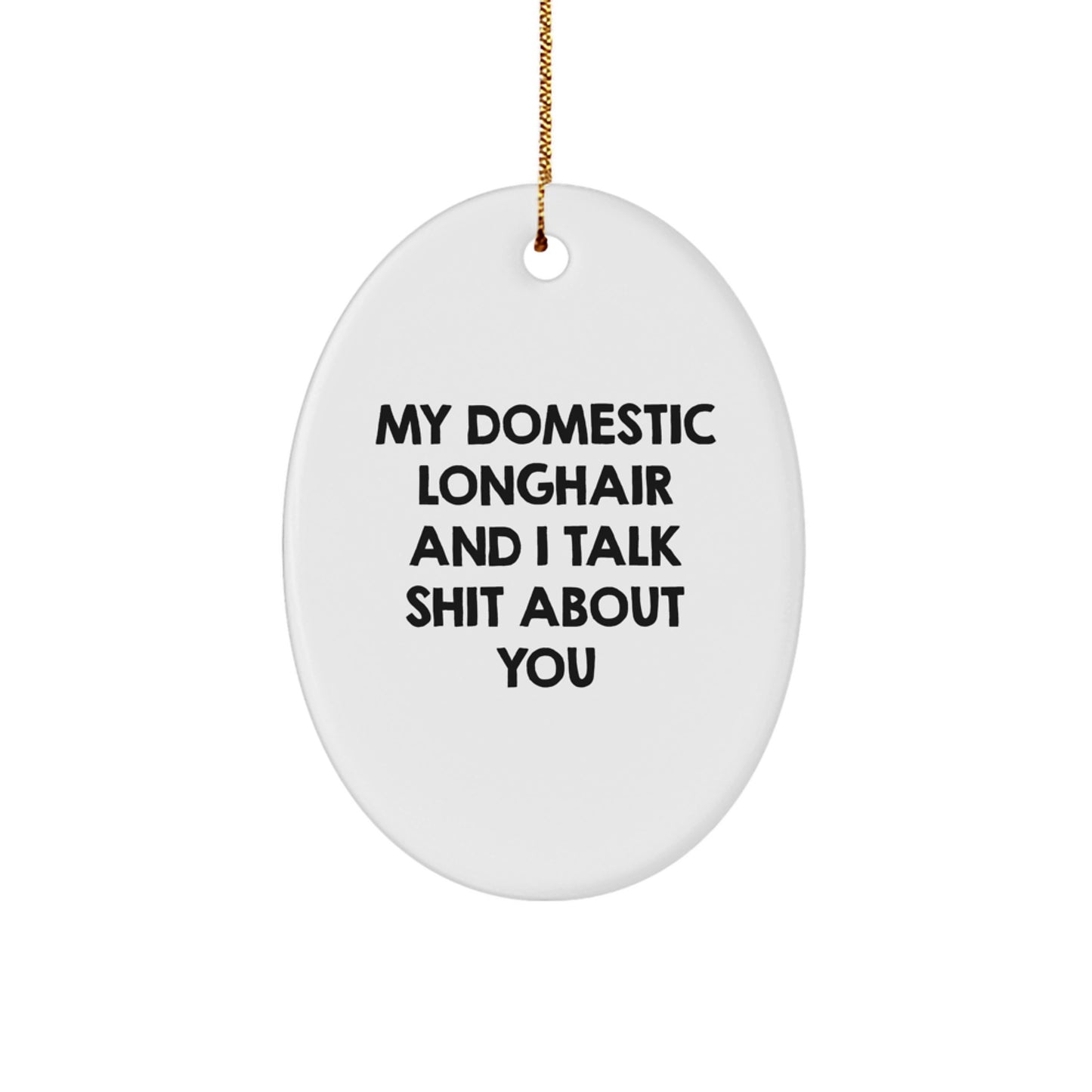 Funny Domestic Longhair Cat Gifts for Christmas, Oval Ornament, I Talk Shit About You, Gifts for Cat Lovers from Friends - Image 1