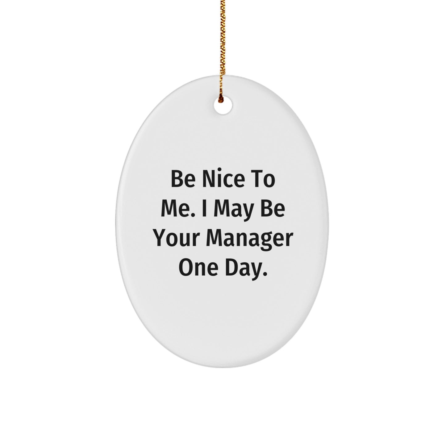 Funny Manager Gifts, Be Nice To Me. I May Be Your Manager One Day. Oval Ornament for Christmas, Gifts from Friends to Manager - Image 1