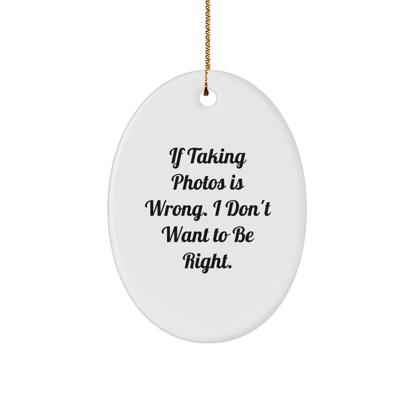 Taking Photos Funny Oval Ornament Gifts from Family for Christmas, If Taking Photos Is Wrong. I Don't Want To Be Right. Oval Ornament Taking Photos Gifts for Men Women Friends Coworkers Family - Image 1