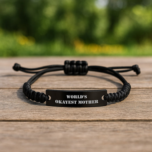 Funny Mother's Birthday Unique Gifts from Friends - 'World's Okayest Mom' Rope Bracelet, Adjustable Black Stainless Steel with Interlaced Rope, Gifts for Mother's Day - Image 2