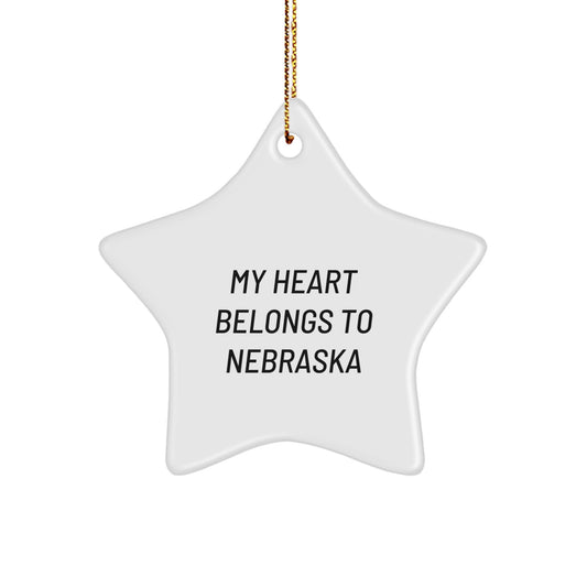 Funny Nebraska Star Ornament Gifts from Family, Friends, or Coworkers, 'My Heart Belongs To Nebraska' Quote on White Color Star Shaped Decoration for Christmas, Perfect for Nebraska Enthusiasts - Image 1