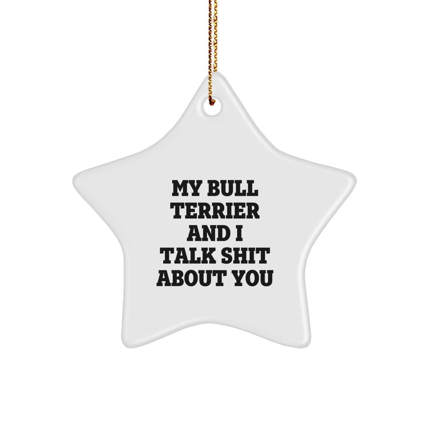Funny Bull Terrier Dog Star Ornament, Christmas Unique Gifts for Friends, Family, or Coworkers, 'My Bull Terrier And I Talk Shit About You' Decorations - Image 1