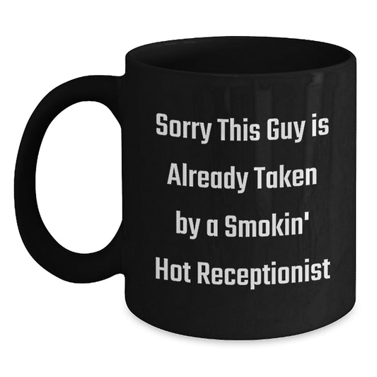 Funny Receptionist Gifts from Friends, Cute Black Coffee Mugs for Birthday Unique Gifts, Smokin' Hot Receptionist Inspiration - Black 11oz/15oz Ceramic Mug - Main