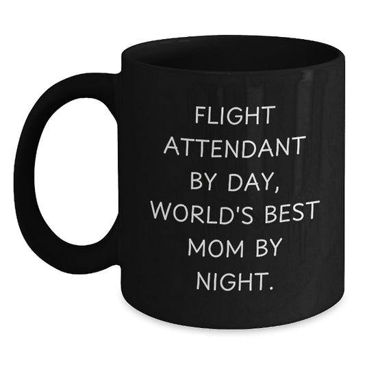 Flight Attendant Gifts, Black Coffee Mug, 'Flight Attendant By Day, World's Best Mom By Night.' - Gifts from Family, Friends, Coworkers, for Birthday, Unique, Funny Mugs - Main