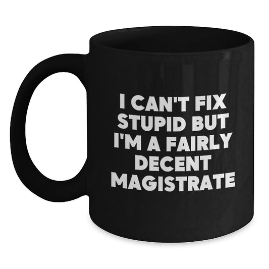 Funny Magistrate Gifts for Graduation - I Can't Fix Stupid But I'm A Fairly Decent Magistrate Black Coffee Mug for Men, Women, Friends, Coworkers, Family - Main