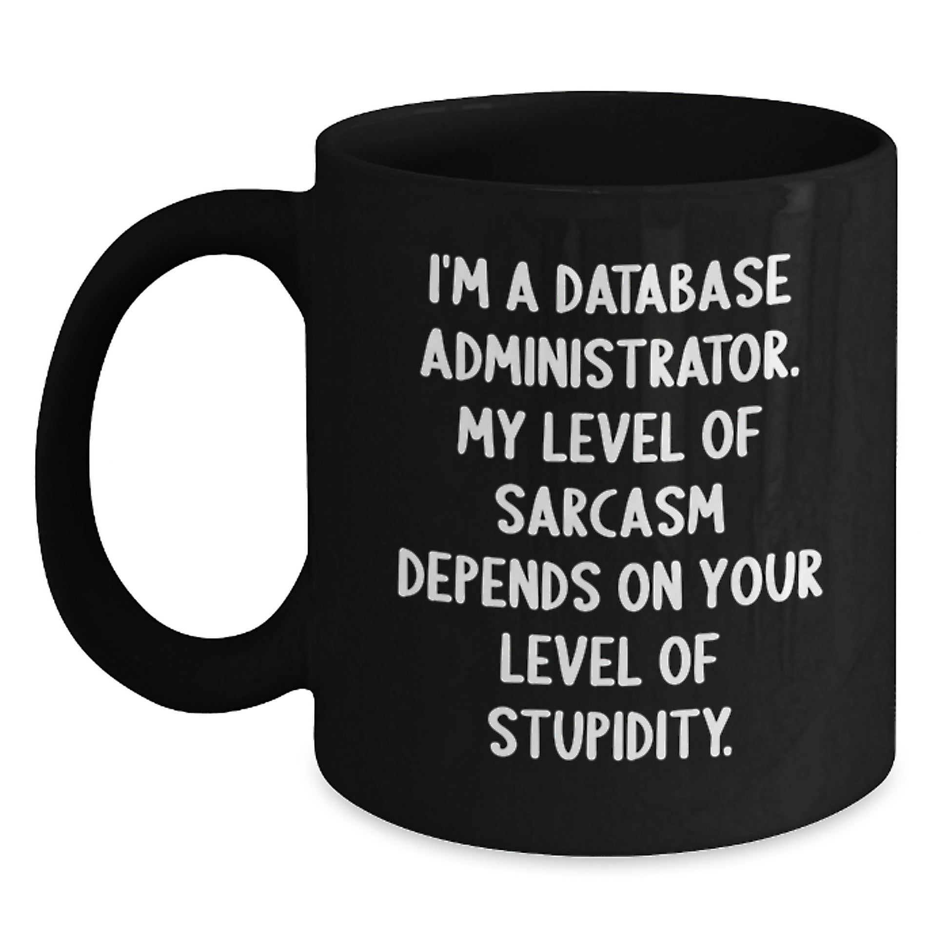Funny Database Administrator Gifts from Friends for Graduation Unique Gifts - Sarcasm Level Depends on Stupidity, Black Coffee Mug for Men, Women, or Coworkers - Main