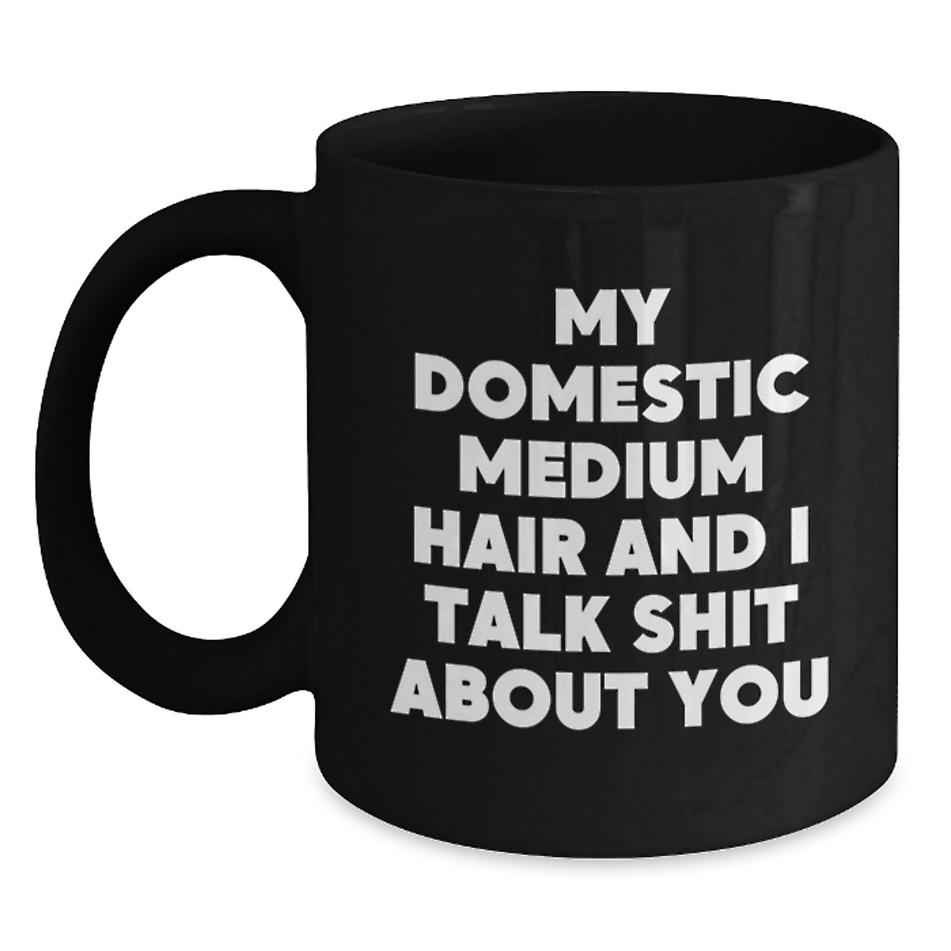 Funny Domestic Medium Hair Gifts for Friends and Family, Black Coffee Mugs for Dad on Father's Day, 'My Domestic Medium Hair And I Talk Shit About You' Quote Mugs - Main
