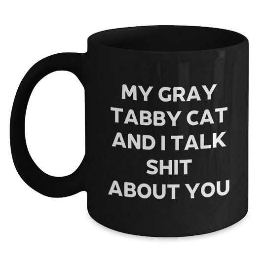 Funny Gray Tabby Cat Mug, Gifts from Men to Father's Day Unique Gifts for Men, 'My Gray Tabby Cat And I Talk Shit About You' Coffee Quote - Main