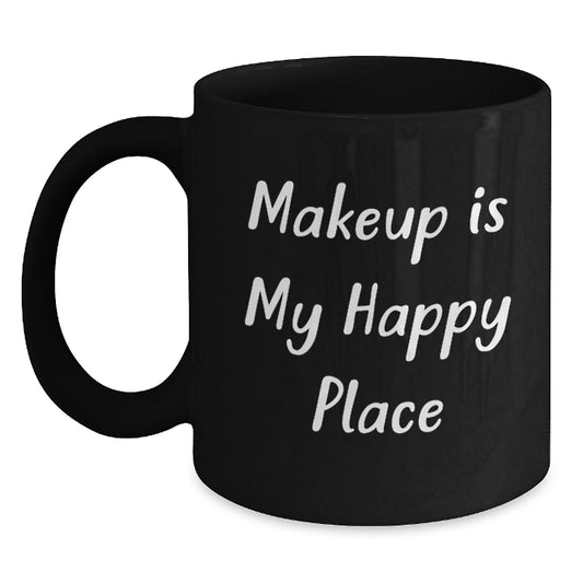 Funny Christmas Unique Gifts for Makeup Lovers, Makeup Is My Happy Place, Black Coffee Mugs for Women Friends - Main