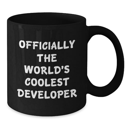 Funny Developer Gifts from Family, Black Ceramic Coffee Mug for Graduation, 'Officially The World's Coolest Developer' Quote, 11oz or 15oz, Microwave and Dishwasher Safe - Main