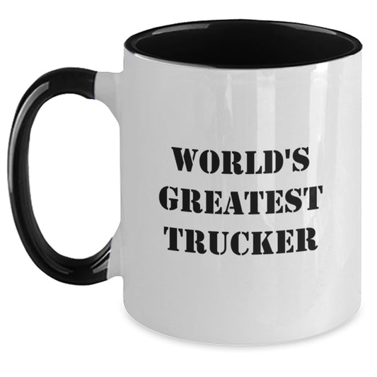 Funny Trucker Gifts from Friends, Unique Birthday Unique Gifts for Trucker, Two Tone Coffee Mug with 'World's Greatest Trucker' Quote, Ceramic Mug - Main