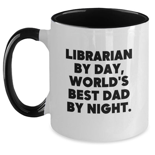 Librarian Gifts from Men - Two Tone Coffee Mug, Librarian By Day, World's Best Dad By Night., Funny Birthday Unique Gift for Librarian, 11oz Microwave Dishwasher Safe - Main