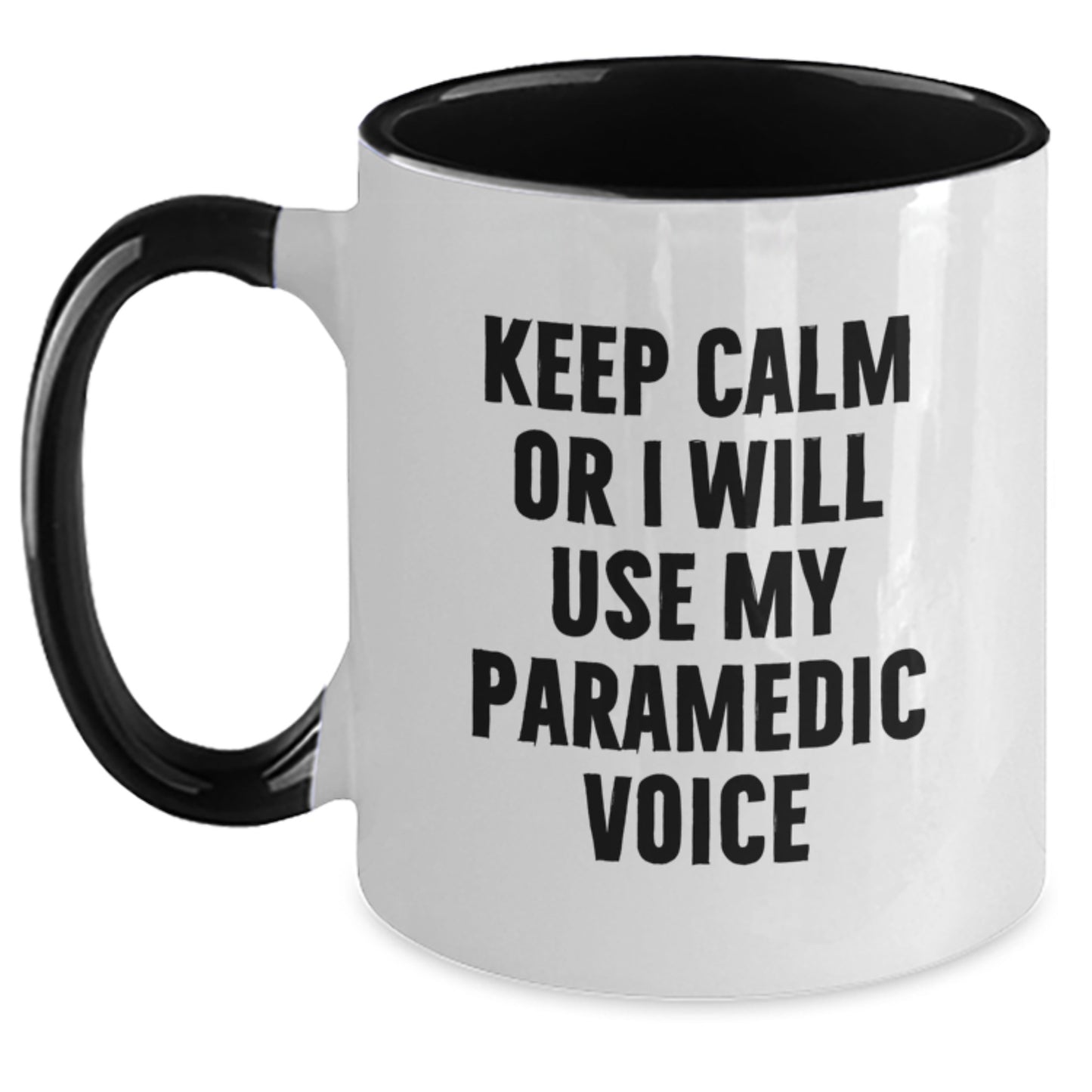 Rescue Worker Humor Funny Two Tone Coffee Mug Gifts from Friends for Birthday, 'Keep Calm Or I Will Use My Rescue Worker Voice', Black and White, Red and White, Navy and White, Pink and White Options - Main