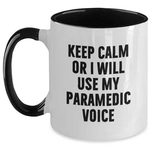 Rescue Worker Humor Funny Two Tone Coffee Mug Gifts from Friends for Birthday, 'Keep Calm Or I Will Use My Rescue Worker Voice', Black and White, Red and White, Navy and White, Pink and White Options - Main