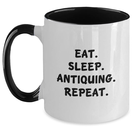 Funny Antiquing Gifts for Her - Eat. Sleep. Antiquing. Repeat. Two Tone Coffee Mug, Gifts from Women to Friends, Unique Birthday Present - Main