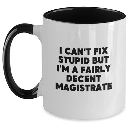 Magistrate Humor Gifts, Funny I Can't Fix Stupid But I'm A Fairly Decent Magistrate Two Tone Coffee Mug, Graduation Unique Gifts from Family, Friends, Women, or Coworkers - Main