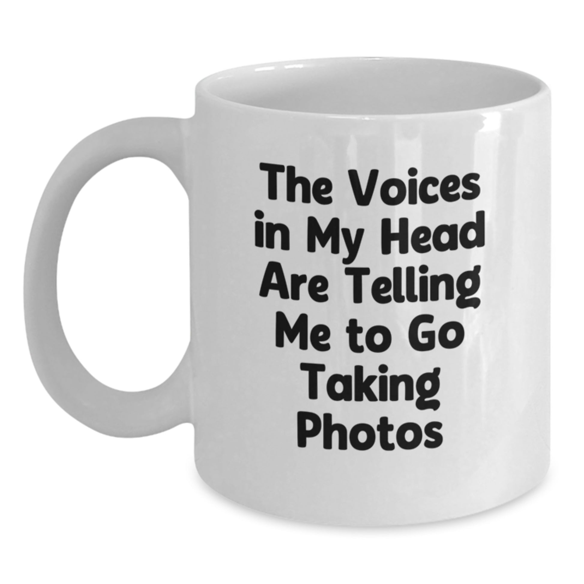 Funny Taking Photos Gifts for Him - Gifts from Friends, Coworkers, Family - White Coffee Mug with 'The Voices In My Head Are Telling Me To Go Taking Photos' Quote - Unique Graduation Unique Gifts - Main