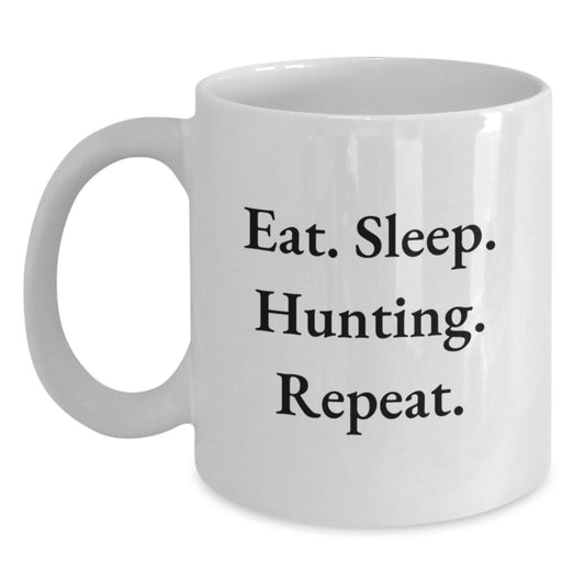 Funny Hunting Gifts for Men from Friends - Eat. Sleep. Hunting. Repeat. White Coffee Mug for Birthday - Main