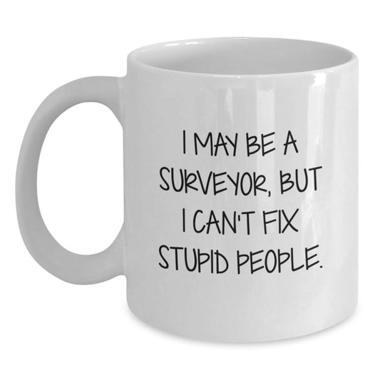 A Funny Gift for Surveyor Friends and Family, I May Be A Surveyor, But I Can't Fix Stupid People, Unique White Coffee Mug for Graduation - Main