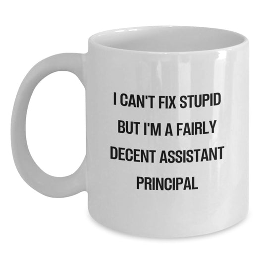 Funny Assistant Principal Gifts for Men from Friends, White Coffee Mug with I Can't Fix Stupid But I'm A Fairly Decent Quote, Graduation Unique Gifts - Main