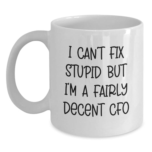 Funny CFO Gifts from Men to Friends for Graduation, 'I Can't Fix Stupid But I'm A Fairly Decent CFO', White Coffee Mug - Main