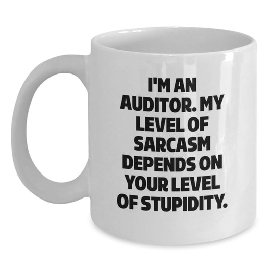 Funny Auditor Gifts, White Coffee Mug for Graduation - 'I'm An Auditor. My Level Of Sarcasm Depends On Your Level Of Stupidity.', Gifts from Friends to Auditor - Main