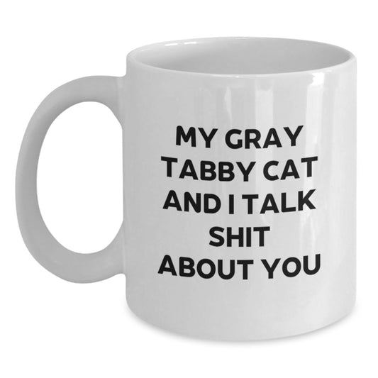 Funny Gray Tabby Cat Gifts for Dad - 'My Gray Tabby Cat And I Talk Shit About You' White Coffee Mug, Unique Father's Day Unique Gifts from Men, Friends, Family - Main