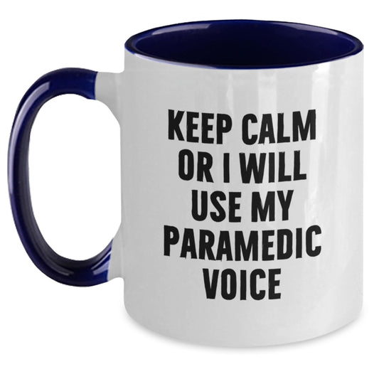 Rescue Worker Humor Funny Two Tone Coffee Mug Gifts from Friends for Birthday, 'Keep Calm Or I Will Use My Rescue Worker Voice', Black and White, Red and White, Navy and White, Pink and White Options - Main