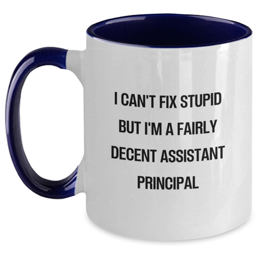 Funny Assistant Principal Gifts from Friends, Coworkers, and Family for Graduation - I Can't Fix Stupid But I'm A Fairly Decent Assistant Principal Two Tone Coffee Mug - Main